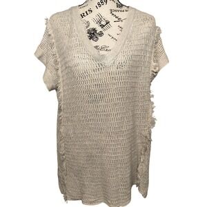 Lumiere Women's S Oatmeal Beige Open Knit Fringe‎ V-Neck  Cap Sleeve Sweater